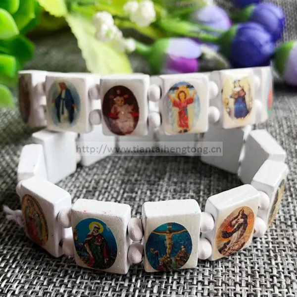 24 шт/упаковка,, белый деревянный браслет с религиозными фигурами/католические Святого браслеты/икона Бран специальное предложение
