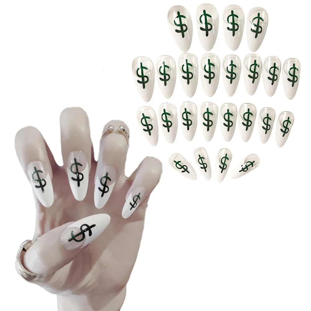 24 Количество Экстра длинные шпильки доллар шаблон поддельные ногти камень узор острый блестящий длинный нажмите на накладные ногти для пальца Прямая поставка
