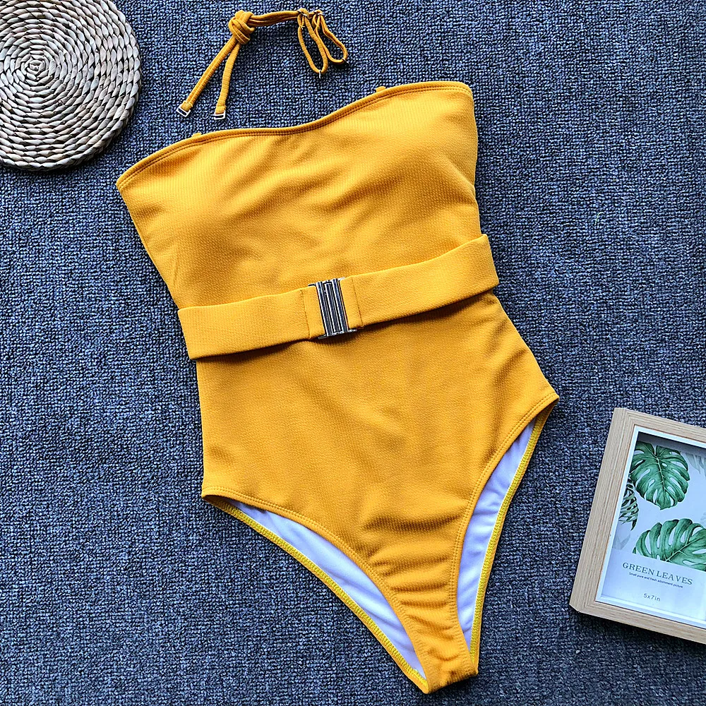 

2019 Maillot De Bain Badpak Swimwear Women Sexy Pure Color One Piece Swimsuit Metal Belt Swimsuit Swimming Suit For Women