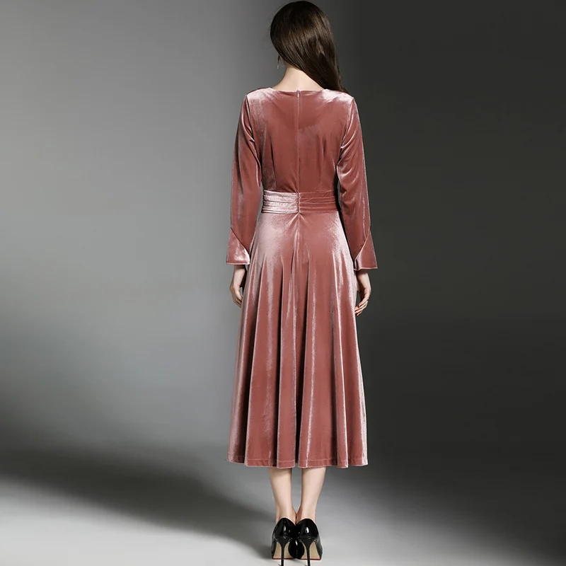 Peacock Blue Velvet Maxi Dress Winter Dresses Women 2018 Vestido Longo V-neck Big Pendulum Long Evening Party Dresses K323780