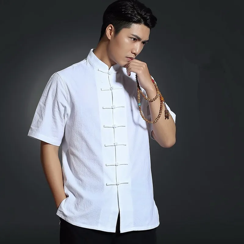 Короткий рукав Китайская традиционная льняная рубашка Для мужчин Боевые искусства кунг-фу хлопок льняная рубашка 4 цвета белый черный бежевый синий
