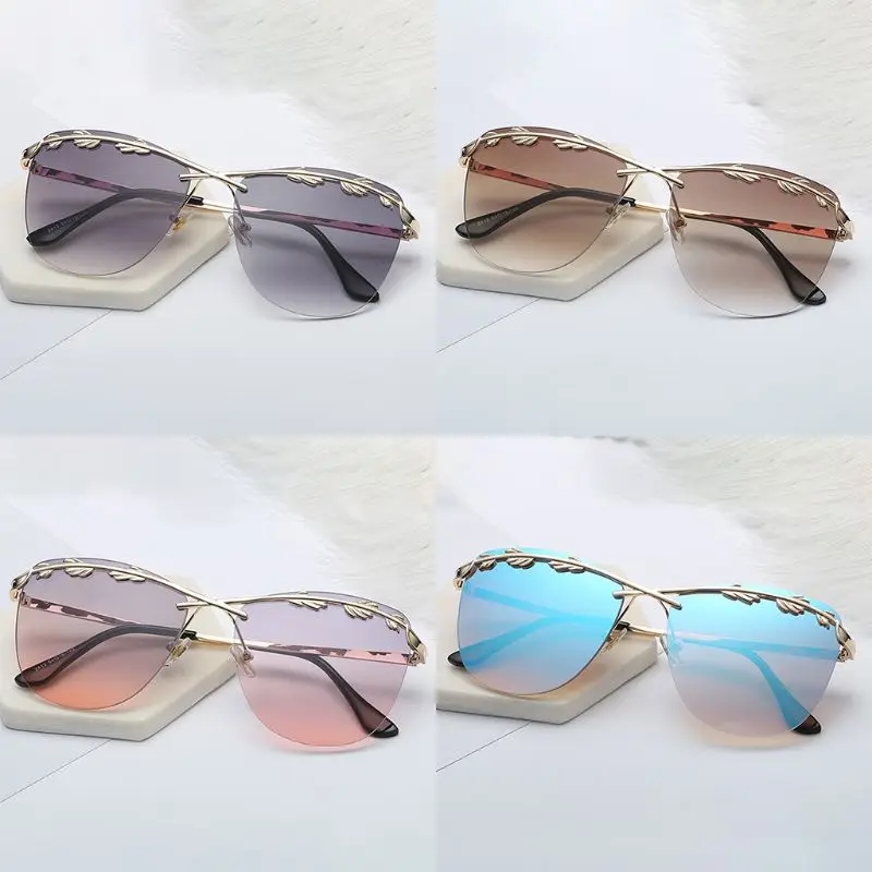 

Women Rimless Olive Leaf Sunglasses Chic Metal Ocean Gradient Lens Eye Glasses Eyewear