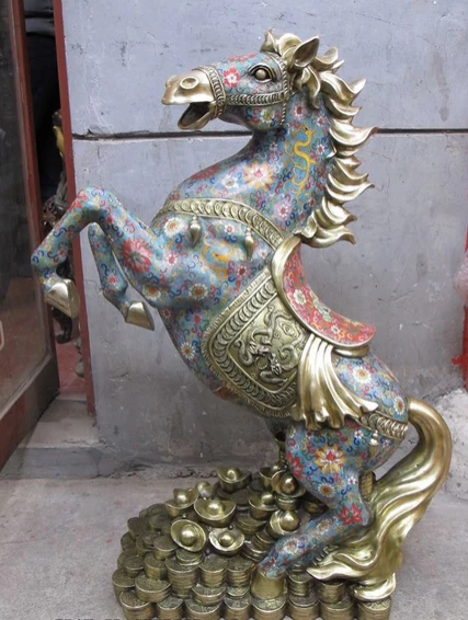 

003976 34"China fengshui Cloisonne bronze gild dragon zodiac animal Luck money Horse Statue