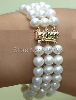 

free shipping >>>>>HOT SELL 3 row Charming white AAA south sea pearl bracelet 7-8inch 8 mm