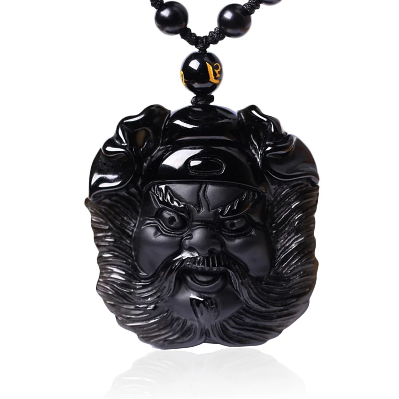 

New Natural Black Obsidian Chinese God Zhong Kui ChungKuel Head Pendant Women Men's Amulet Lucky Jewelry Pendants+Beads Necklace