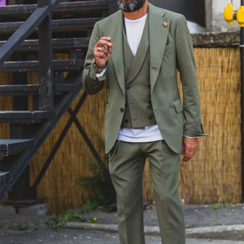 

Latest Coat Pant Designs Olives Green Double Breasted Vest Men Summer Suits Casual 3 Pieces suit Tuxedos 2017 (Jacket+Vest+Pant)
