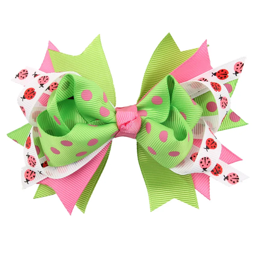 1PCS Big Polka Dots Heart Ladybug Flower Print Ribbon Hair Bow Hairpins For Kid Girls Hair Clip Boutique Hair Accessories DES (5)