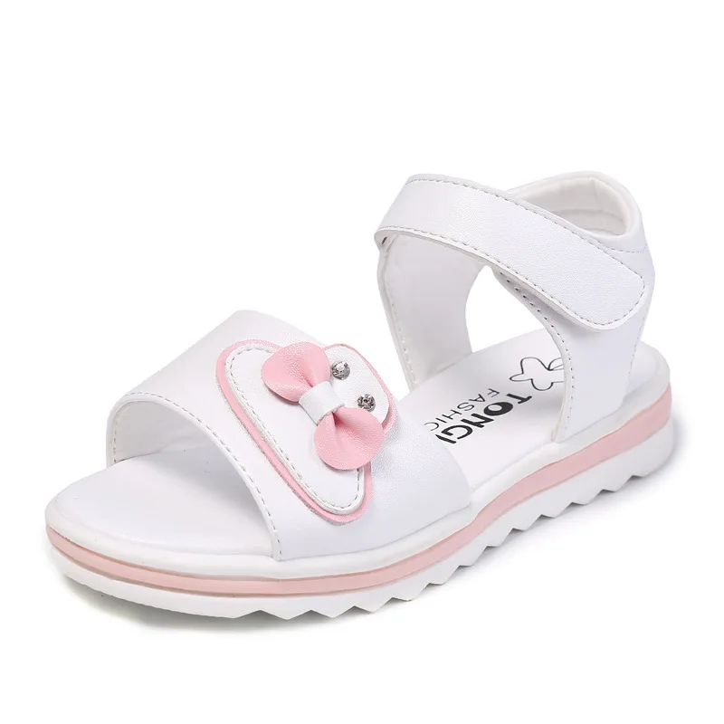 Детские сандалии лето для девочек обувь новая детская пляжная обувь с бантом кожаные сандалии на мягкой подошве для маленьких девочек - Цвет: Белый