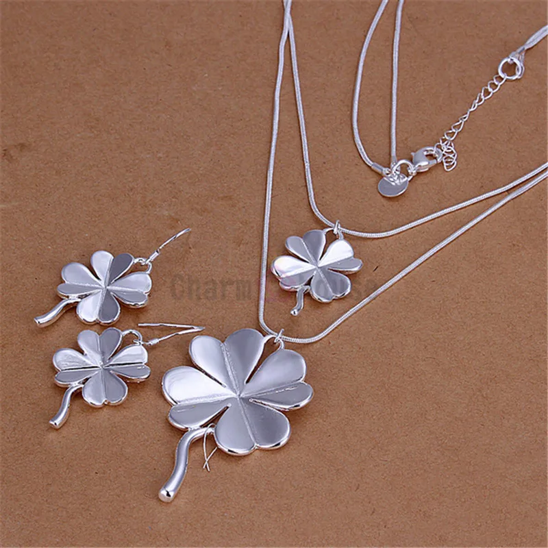 

Silver 925 Jewelry Sets for Women Fashion 4 Leaf Clover Pendant Necklace Earrings 2 pcs Costume Jewellery Set Female Decorations