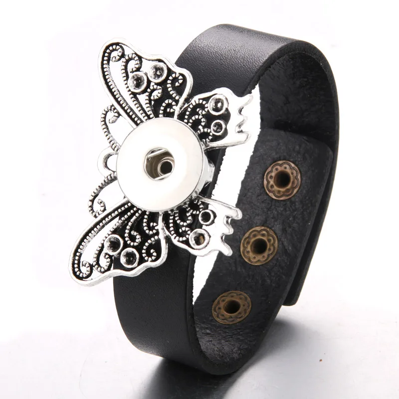 Творческий оснастки кожаный браслет "Бабочки" Лидер продаж ручной работы в стиле ретро для женщин кожаный, с кнопкой, браслеты на запястье в виде fit 18 мм оснастки ювелирные изделия - Окраска металла: 18mm