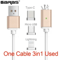GARAS USB 타입 C/IOS/마이크로 USB 3IN1 자기 케이블 유형 C USB-C 빠른 충전기 어댑터 자석 케이블 휴대 전화 케이블