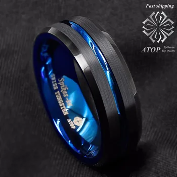 

8mm Tungsten Men's Ring Thin Blue Line-Inside Black Brushed Band ATOP Jewelry