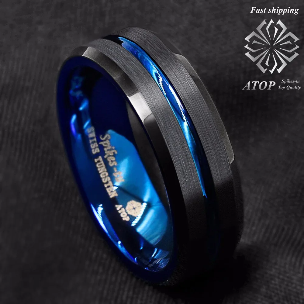 8mm Tungsten Men's Ring Thin Blue Line-Inside Black Brushed Band ATOP Jewelry