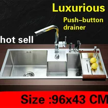 Большая кухонная ручная раковина, двойной паз, кнопка слива, роскошный 304 нержавеющая сталь, 960x430 мм