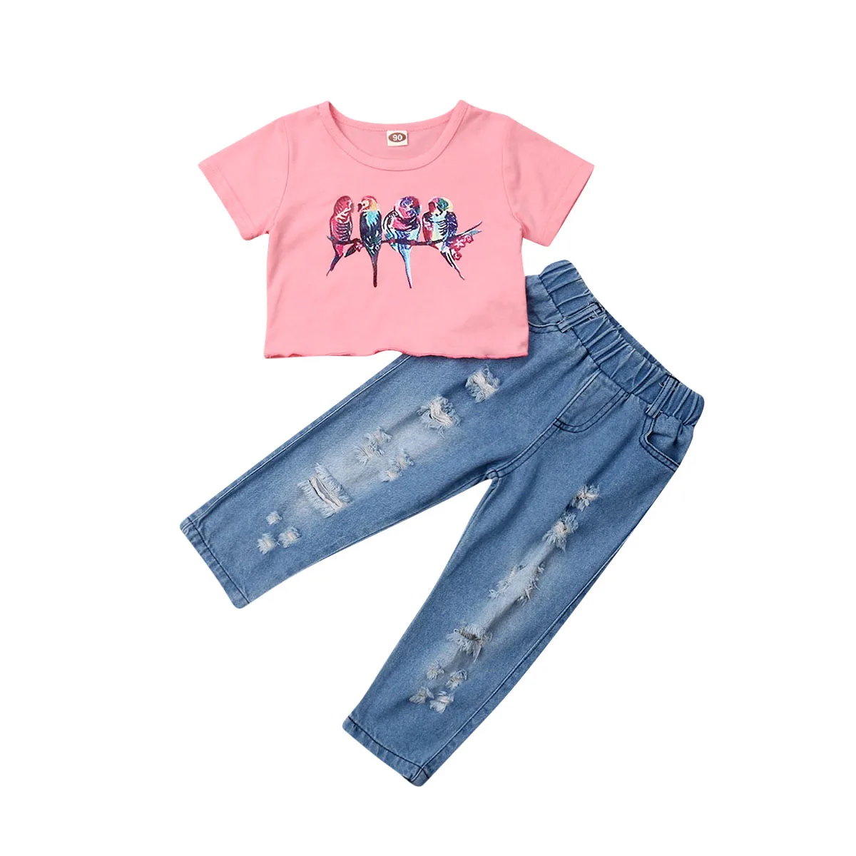 

2-7Y Summer Toddler kids Baby Girl Short Sleeve Bird Print T-shirt Tops Ripped Jeans Denim Pant 2PCS Clothing Set