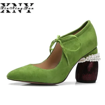 

XIUNINGYAN Brand Women Pumps High Heels Shoe Retro Round Heel Spring Strring Bead Superstar Luxury Plus Size Party Shoes Woman
