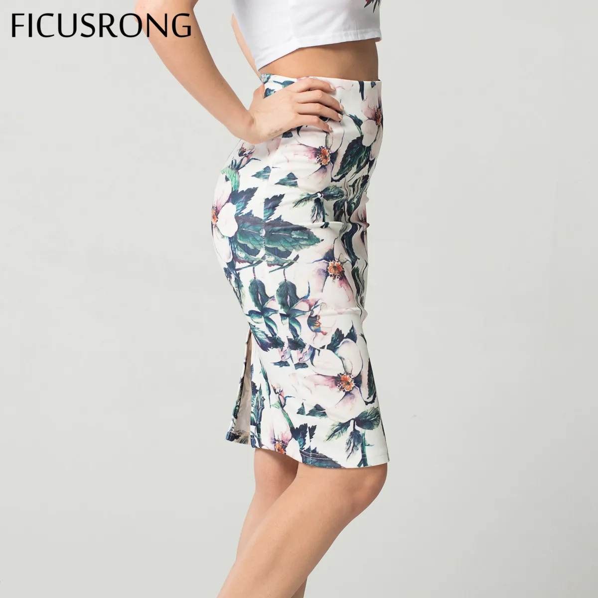 

Fashion Spring Summer Style Pencil Skirt Women High Waist Green Skirts Vintage Elegant Bodycon Floral Print Midi Skirt FICUSRONG