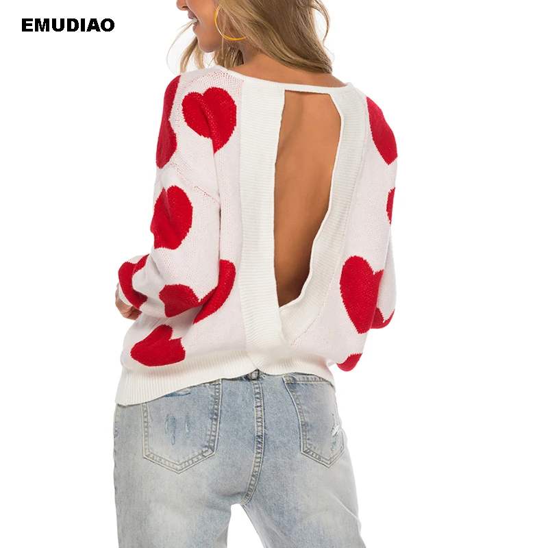 

Heart Print Knitted Sweaters Women Long Sleeve Backless Pullovers Autumn Winter 2019 Casual Streetwear Knitting Sweater Pull
