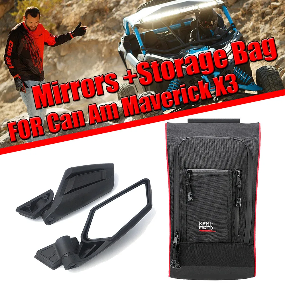 

KEMIMOTO Side Rear View Mirrors + Shoulder Seats Center Console Storage Bag For Can Am Maverick X3 2017-2019 2018