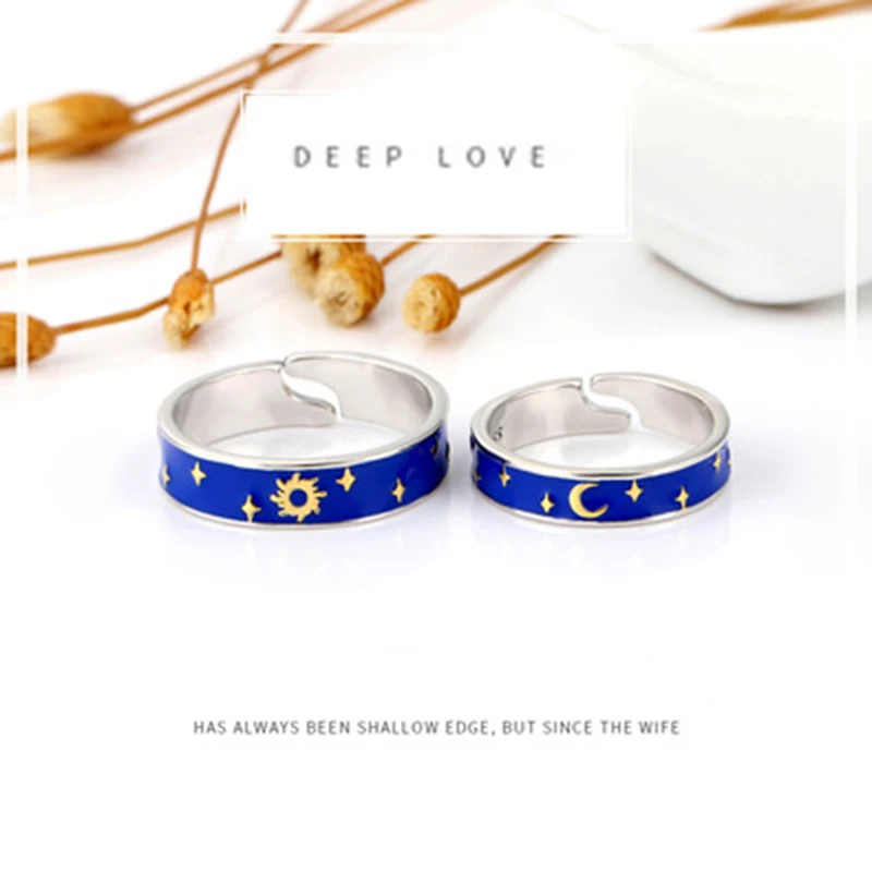 Qevila Rings Genuine 925 Silver Van Gogh Gold Moon Star Sun Enamel Canvas Finger Ring Romantic gifts for Women men Lover Jewelry (6)