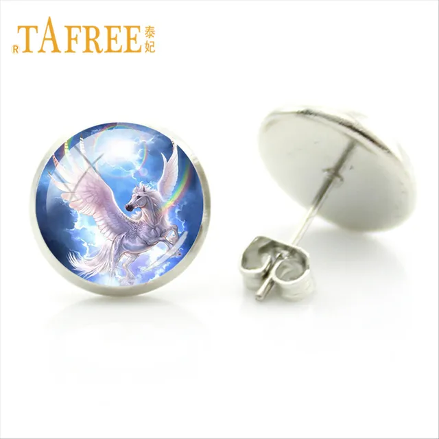Tafree Rainbow Horse Unicorn Round Stud Earrings White Horns Animal Tafree Rainbow Horse Unicorn Round Stud Earrings White Horns Animal Women Children Kids Birthday
