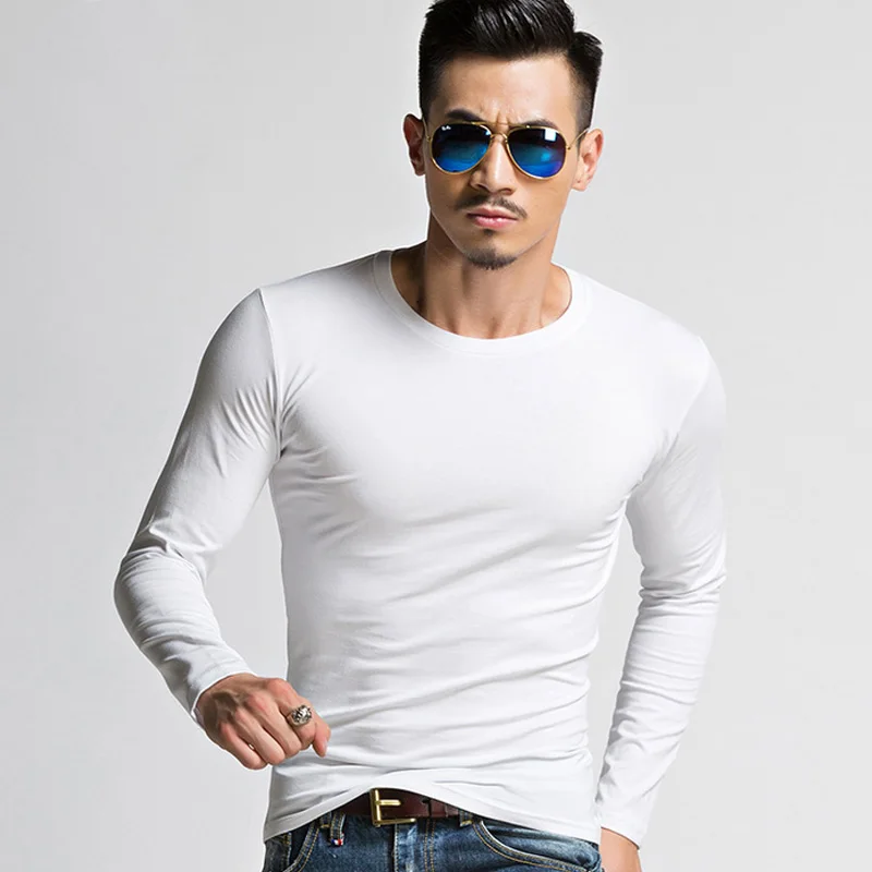 Модная мужская приталенная футболка с круглым вырезом и длинным рукавом, повседневный Однотонный пуловер, базовые футболки, весенне-Осенние футболки, топы XRQ88