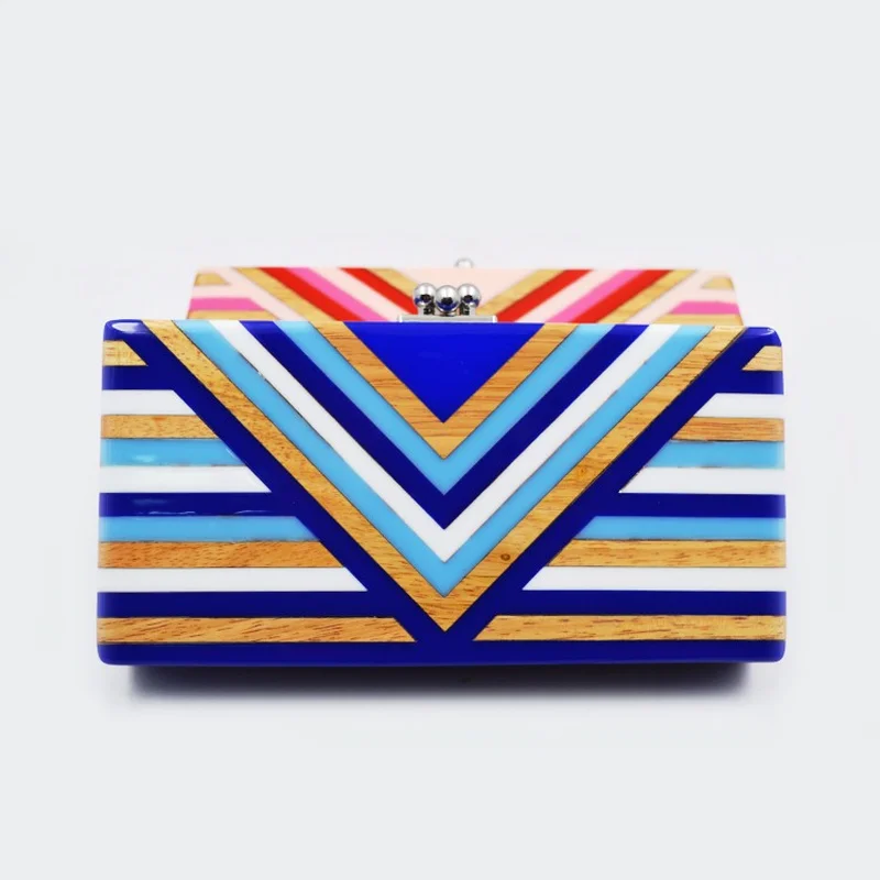 

2018 New Women Dinner Bag Fashion Messenger Bag Acrylic Stripe Wood Splicing Dinner Bag Mini Bag Oblique Satchel Handbag