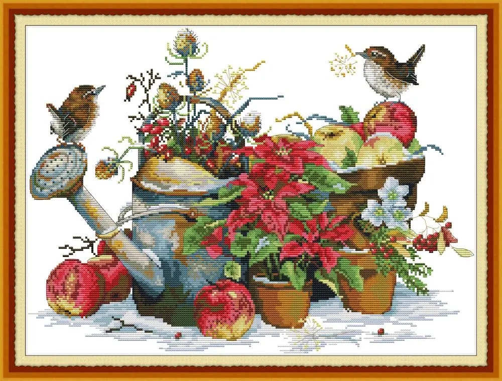 

Flower pot and birds cross stitch kit aida 14ct 11ct count print canvas cross stitches needlework embroidery DIY handmade