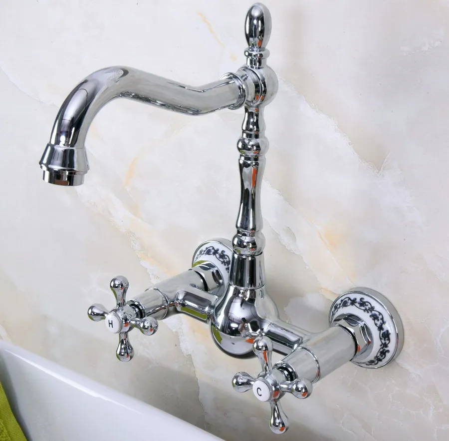 Polished Chrome Brass Wall Mounted Double Cross Handles Bathroom Kitchen Sink Faucet Mixer Tap Swivel Spout anf966