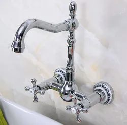 Polished Chrome Brass Wall Mounted Double Cross Handles Bathroom Kitchen Sink Faucet Mixer Tap Swivel Spout anf966
