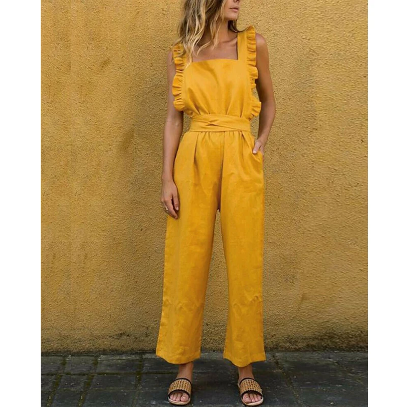 

Women's Sleeveless Ruffle Jumpsuit Romper Wide Leg Playsuit Long Pants