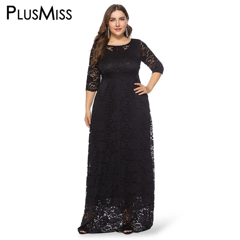PlusMiss размера плюс 5XL XXXXL XXXL Черный, красный, белый цвета кружевное элегантное Вечеринка платья больших Размеры летние макси длинное платье Robe Femme - Цвет: Черный