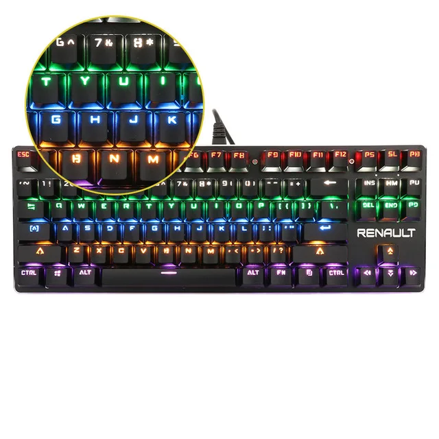 Механическая клавиатура RENAULT, цветной синий переключатель с подсветкой, 87/104 клавиш, светодиодный, профессиональная игровая клавиатура, русская наклейка - Цвет: 87 keyboard