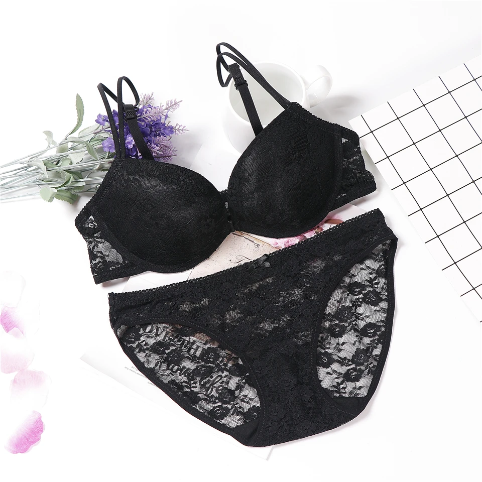 

lingerie solid simple design lace bra set front button wire lenceria push up ropa interior AB cup sexy pink red bra and panty