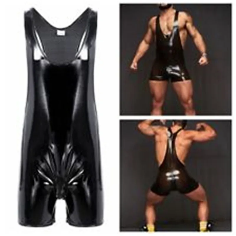 

MSemis Mens Thong Bodysuit Thong Leotard One-piece Wetlook Body Suit Sleeveless Patent Leather Zipper Crotch Mens Boxer Shorts