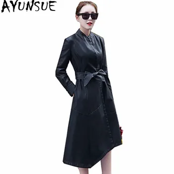 

AYUNSUE 2020 Women Leather Trench Coat Female Fashion Plus Size Faux Sheepskin Leather Ladies Coats Long Jackets Abrigos WXF188