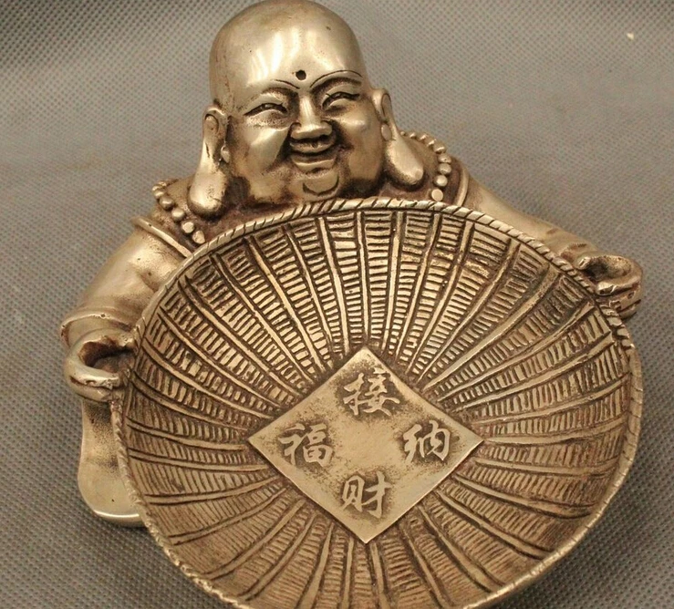 

4"China Chinese Tibet Folk Silver Maitreya Buddha Ashtray Statue R0715 (B0328)