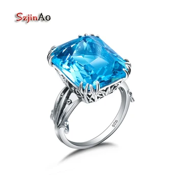 

szjinao Solid 925 Sterling Silver Jewelry Mystic Blue Topaz Crown Rings for Women Fine Bohemia Vintage Style Love Ring