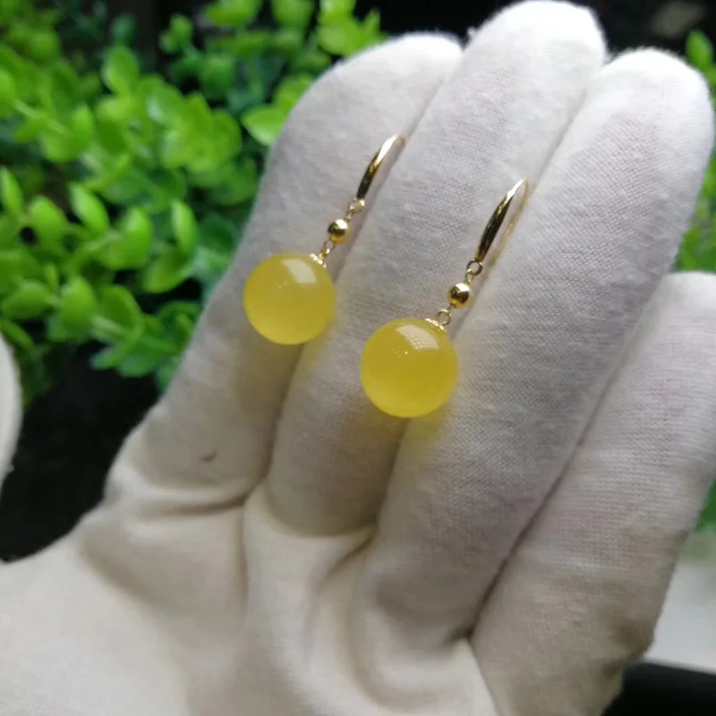 Sinya 11mm Amber Round beads earring Au750 18k gold dangle drop earring for women Mother 2018 new arrival best gift (5)