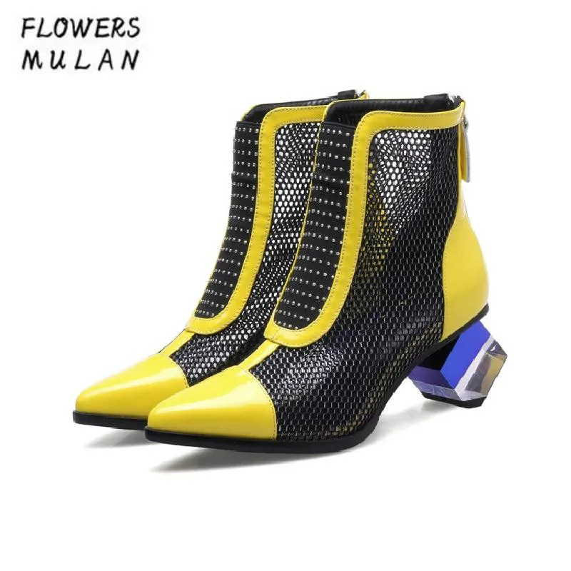 

Mixed Color Patchwork Mesh Leather Ankle Boots For Women Pointed Toe Strange Heel Spring Autumn Nude Shoes Strange Heel Shoes