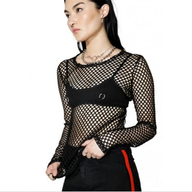 2017 Womens Fishnet T Shirt Casual Tops Loose Summer Fashion Sheer Mesh Tops T Shirt-in T-Shirts 