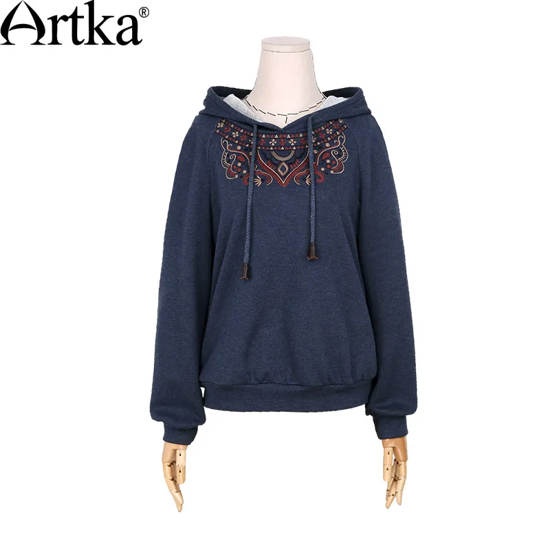  ARTKA Women's 2018 Autumn New Solid Color Ethnic Embroidery Hoodie Vintage Hooded Long Sleeve All-m