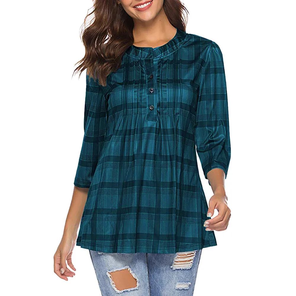 

Feitong Women Blouses Button-Down Plaid Shirts Ruffles Blouses Tunic 3/4 Sleeves Spring Shirt Casual Tops Blusas Femininas