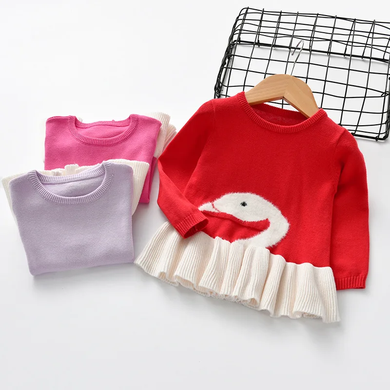 

2018 Autumn&winter Sweater Baby Girl Cartoon Swan Knitted Baby Clothes Casual Sweater dress Kids-pullover Sweater