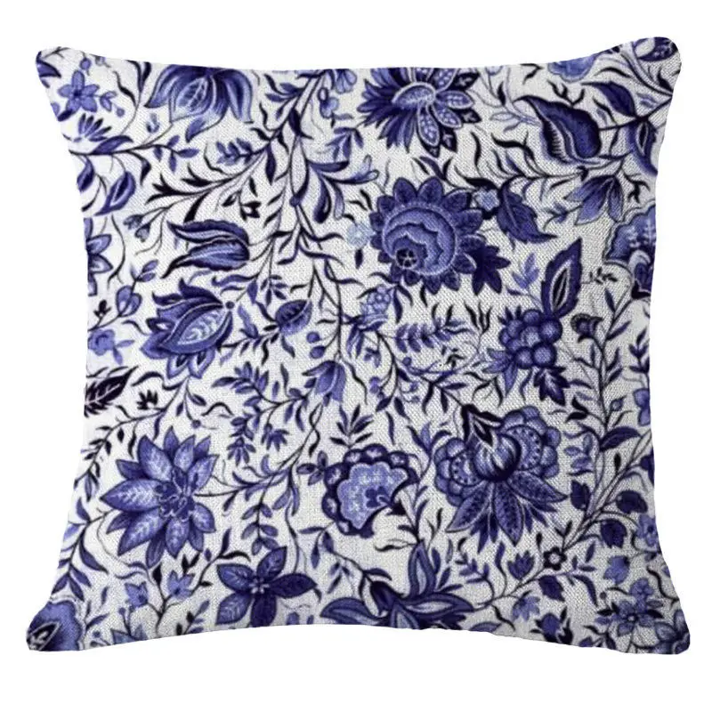 Chinese Style Vintage Blue Flowers Series Cushion Cover Cotton Linen Throw Pillow Case for Home Bedroom Decoration Pillowcase
