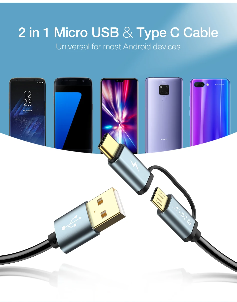 RAXFLY 2 в 1 USB кабель Quick Charge 3,0 Micro usb type-C кабель для samsung S9 Note 9 8 пружинный провод быстрой зарядки для huawei P20