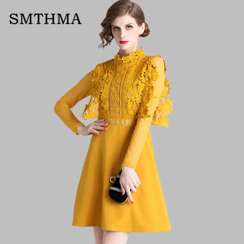 

SMTHMA HIGH QUALITY New Fashion 2019 Designer Runway yellow Dress Women's Long Sleeve Elegant Hollow Lace Dress vestidos