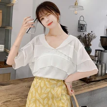 Feminine Blouses Summer Chiffon 2019 New Blusa V-neck Ruffled Women Tops Half Sleeve Blouse Shirt Chiffon Casual Women Tops 18C7 sweet half sleeve round neck ruffled women s chiffon blouse
