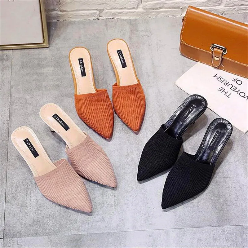 

Female pointed high-heeled shoes 2019 summer and autumn new knitted solid color without heel lazy shoes stiletto sandals