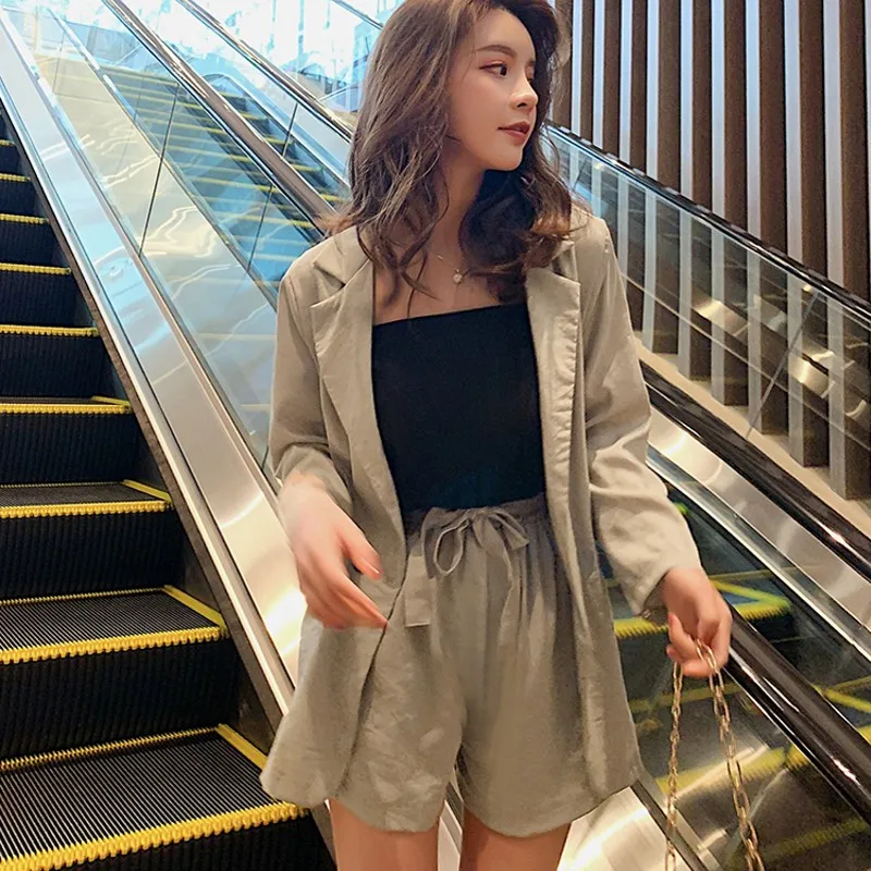 

Women Office Lady Khaki Solid Short Pant Suits 2 Two Piece set Fashion Notched Jacket Blazer + Zipper Short Femme Sets